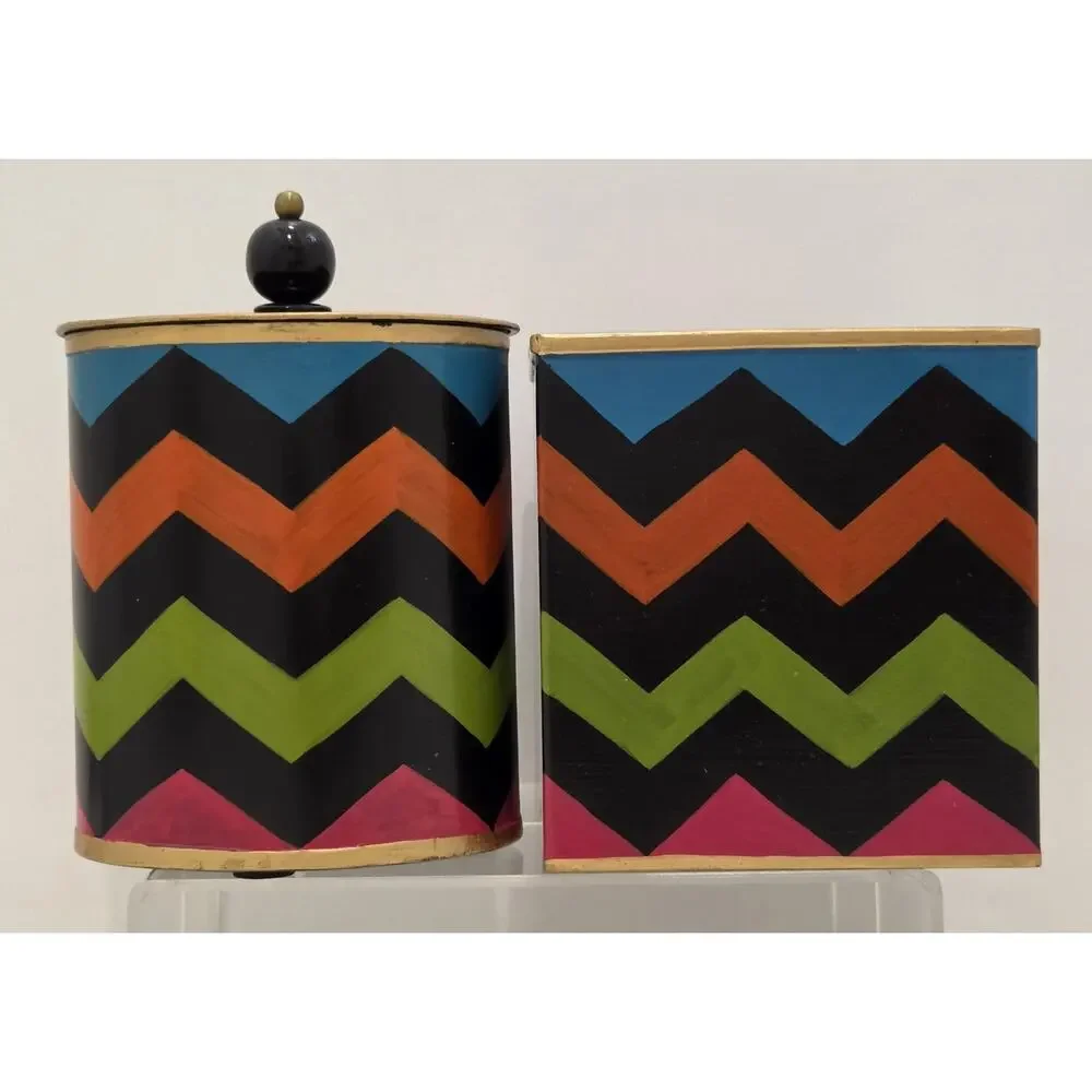 Mackenzie Childs Trampoline Boutique Set Tissue Box/Trinket Tray/ Cotton Box Set